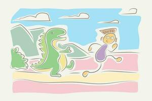 kids drawing style boy running from dinosaur vector