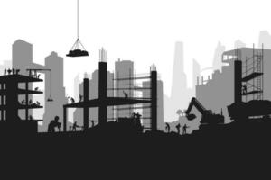 silueta constructores a trabajo en grande construcción vector