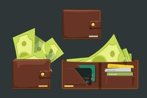 lleno de dinero marrón color carteras conjunto vector