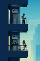 two different neighbors on balconies at sunset vector