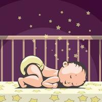 little baby sleeping in bed at night vector