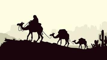 caravan of camels silhouettes style on bright vector