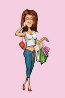 bonito joven mujer compras aislado en rosado vector