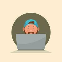 it guy sitting with laptop front view vector