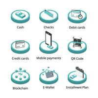 type of Payment Options when buying or purchasing such as cash, credit card, installment plan, blockchain vector