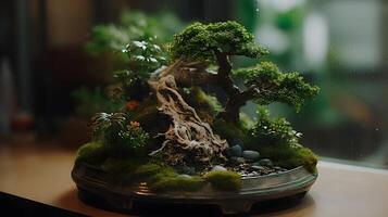 Beautiful bonsai plant in a terrarium display in a ceramic pot indoor, rain outside of the room. AI Generated photo