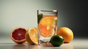 A glass of water with a slice of lemon, infused water concept and various orange fruit, lemon, grapefruit or citrus on studio shot background. AI Generated photo