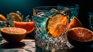 A glass of ice gin or tonic with a slice of orange fruit, some cut of orange fruit, alcohol concept. AI Generated photo