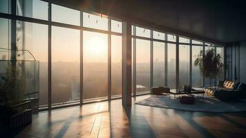 Cozy minimalist living room in a high rise building apartment loft with glass window surrounded beautiful city view. AI Generated photo