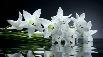 Some of white wet easter lily flowers and soak in the water and some water drops, reflect on the water. AI Generated photo