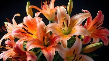 Macro close up shot wet soft pink Tiger Lily flower looks fresh isolated on black background. photo