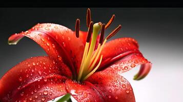 Macro close up shot wet red Tiger Lily flower and some water drops looks fresh. AI Generated photo