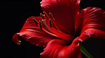 Close up macro red flower amaryllis plant studio shot on black background. AI Generated photo