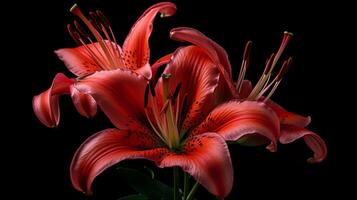 Macro close up shot red Tiger Lily flower isolated on black background. photo