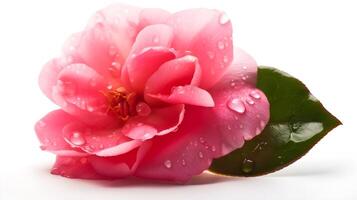Beautiful close up pink Japanese camelia flower with some leaves and some water drops looks fresh laying on white studio shot background. photo
