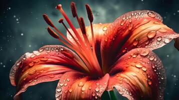 Macro close up shot wet red Tiger Lily flower and some water drops looks fresh. AI Generated photo