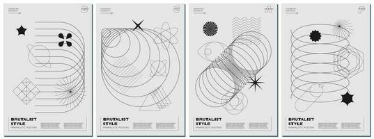 Abstract brutalism poster set with black geometric shapes on monochrome background. Modern brutalist style minimal simple graphic prints. Brutal trendy y2k placard design template. Vector eps template