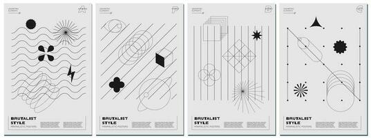 Trendy abstract brutalism poster set with black geometric shapes on monochrome background. Modern brutalist style minimal prints design with simple graphic elements. Brutal y2k print vector templates