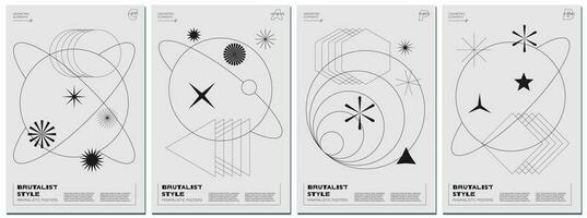 Abstract brutalism poster set with black geometric linear planets and shapes on monochrome space background. Modern brutalist style minimal simple graphic prints. Brutal trendy y2k design eps template vector