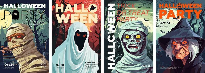 Halloween party poster set. Placard scary witch and zombie in night forest. Art cover spooky dead man and mummy in moonlit cemetery. Holiday evening promotional artwork flyer. Trendy typography prints