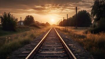 Steel rail road train track center perspective and country side nature view with cloudy sky evening golden hour sunset. AI Generated photo