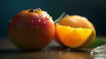 dos mojado naranja Fruta y un hoja con un rebanada cortar de naranja Fruta Mira fresco. ai generado foto