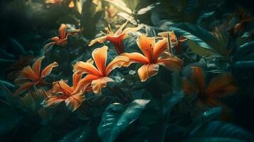 A bunch of Orange lily flowers blooming in the garden on nature background. AI Generated photo