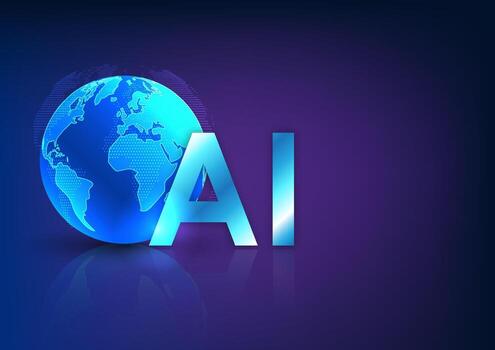 Artificial intelligence technology. With the AI font and globes side by side, it represents the widespread use and influence of AI technology worldwide. vector