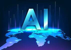 Immerse in artificial intelligence technology with a technology concept. The letter AI atop the world map, with rising connection lines, portrays the global utilization of AI technology. vector