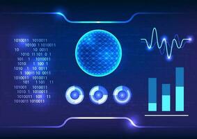 concepto de pantalla tecnología. vitrinas un central circulo rodeado por dinámica ola línea elementos, grafico gráficos, y numérico códigos, representando el innovador mundo de tecnología. vector