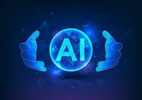 Power of human-created artificial intelligence. With glowing AI letters inside a circle held by hands, it represents technology's role in business, fostering innovation and connection vector