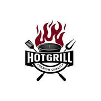 sencillo parilla caliente parrilla logo, con cruzado llamas y espátula. logo para restaurante, insignia, café y bar. vector ilustración