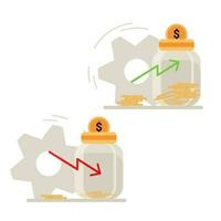 Vector set of rising graph arrow up and fall down. Concept of increasing and decreasing sale or money, business success or failure, economic, market growth, fall or loss