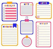 Kawaii to-do list, checklist, reminder and notes for organizer. Set of blank paper notes template or cute stickers for planner. vector