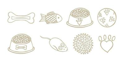 A set of items for pets. Toys, food bowl, bone, ball, mouse, fish, paw print. Hand drawn pet icons. Vector illustration.