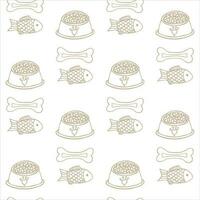 Seamless pattern with dog chew bone, cat fish, food bowl in doodle style. Background with pet toys. Vector illustration.
