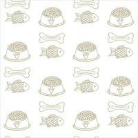 Seamless pattern with dog chew bone, cat fish, food bowl in doodle style. Background with pet toys. Vector illustration.