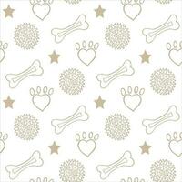 Seamless pattern with items for pets. Background with chewing bone, ball with spikes, paw print, star. Vector illustration.