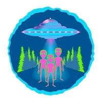 Ufo flying in the sky. Round badge, print, poster in neon color with a flying saucer and aliens on the background of the forest. Vector illustration.