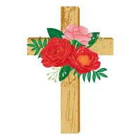 Baptism cross with red flowers. Wooden cross decorated with flowers and leaves. Vector illustration.