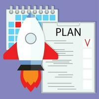 Schedule startup launch plan. Checklist to mission start-up, shuttle rocket vector illustration