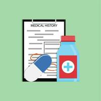 Patient treatment concept. Medication and information about med history. Vector illustration