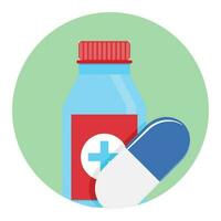 Medicine icon app. Medication tablet and capsule, emblem and label of medicament. Vector illustration