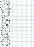 Freehand drawing school items on a sheet of exercise book. Back to School. Vector illustration. Set. Vector illustration