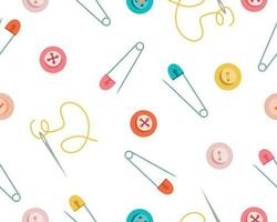 Vector seamless pattern using sewing tools. Illustration of safety pins, needles and buttons. Vector illustration in a flat style. Vector