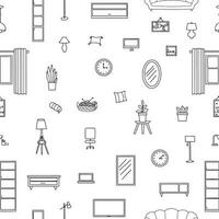 Vector seamless pattern with hand drawn furniture and decoration elements on white background. Background for use in design, web site, packing, textile, fabric.