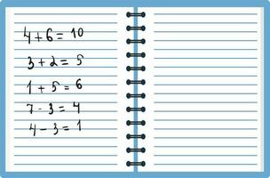 A school notebook with mathematical examples. Addition and subtraction. School template, poster for mathematics. Vector. Vector illustration