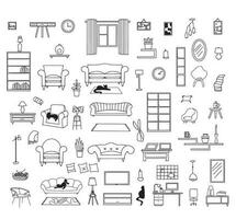 Vector doodle set of furniture, decor and lighting for the living room or dining room on a white background. Design items for an apartment and a house.