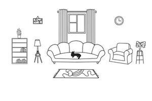 Drawing of the living room. Home-made modern furniture from a cozy sofa with two armchairs in a simple linear style. Vector