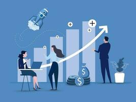 Startup managers presenting and analyzing sales growth chart. Group of workers with heap of cash, rocket, bar diagrams with arrow and heap of money. vector illustration.